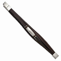 Stainless Steel Brushed Brown PU Leather & Rubber w/.5in ext 8in Bracelet ,