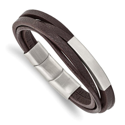 Stainless Steel Brushed Brown PU Leather Multi Strand w/.5in ext 8in Bracel ,