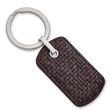 Stainless Steel Brushed Brown Woven & Stitched Leather Key Ring ,