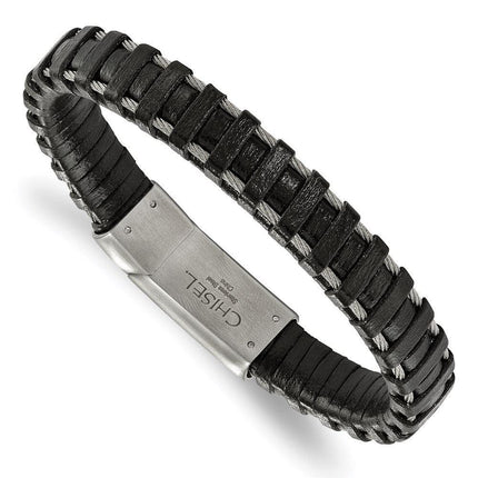 Stainless Steel Brushed Cable and Black Leather Bracelet ,