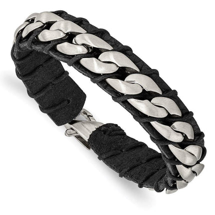 Stainless Steel Brushed Chain and Black Leather 8.5in Bracelet ,