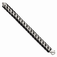 Stainless Steel Brushed Chain and Black Leather 8.5in Bracelet ,