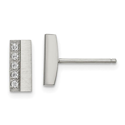 Stainless Steel Brushed CZ Bar Post Earrings ,