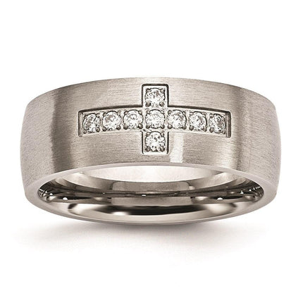 Stainless Steel Brushed CZ Cross Ring ,