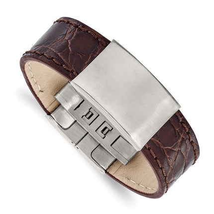 Stainless Steel Brushed Dark Brown Leather ID Bracelet ,