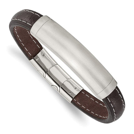 Stainless Steel Brushed Dark Brown Leather w/.5in ext 8in ID Bracelet ,