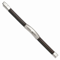 Stainless Steel Brushed Dark Brown Leather w/.5in ext 8in ID Bracelet ,