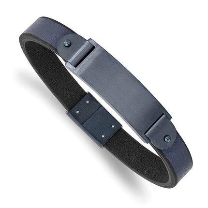 Stainless Steel Brushed Dark Grey IP-plated Blue Leather 8.5in ID Bracelet ,