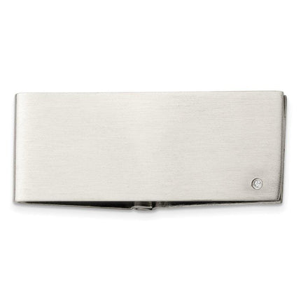 Stainless Steel Brushed Diamond Accent Hinged Money Clip ,