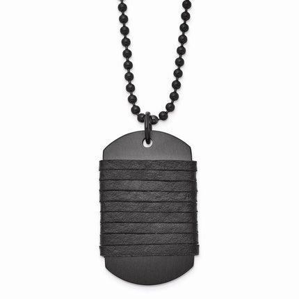 Stainless Steel Brushed Dog Tag Wrapped Leather Necklace ,