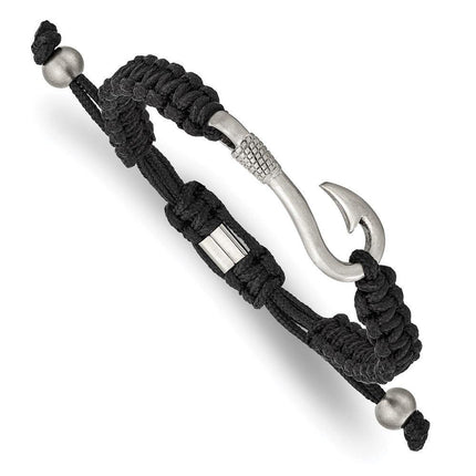 Stainless Steel Brushed Fishing Hook Black Nylon Adjustable Bracelet ,