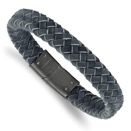 Stainless Steel Brushed Grey Leather Braided 8.5in Bracelet ,