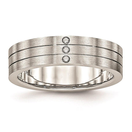 Stainless Steel Brushed Grooved Three CZ Ring ,