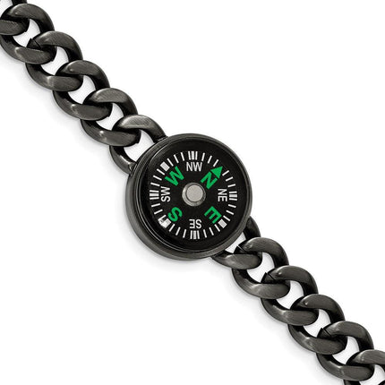 Stainless Steel Brushed Gun Metal IP-plated Compass 8.25in Bracelet ,