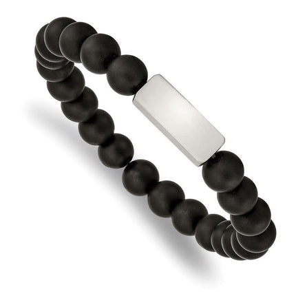 Stainless Steel Brushed ID Plate Black Agate Bead Stretch Bracelet ,