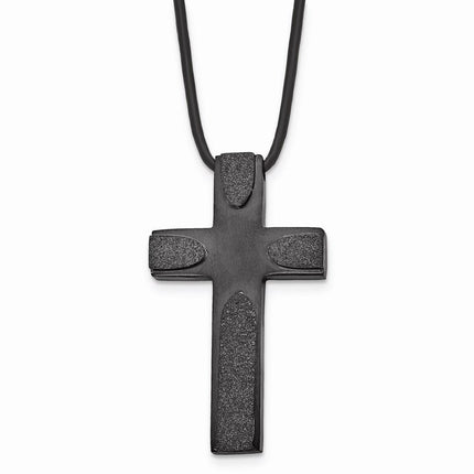 Stainless Steel Brushed LaserCut Blk IP Cross w/Leather Cord Necklace ,
