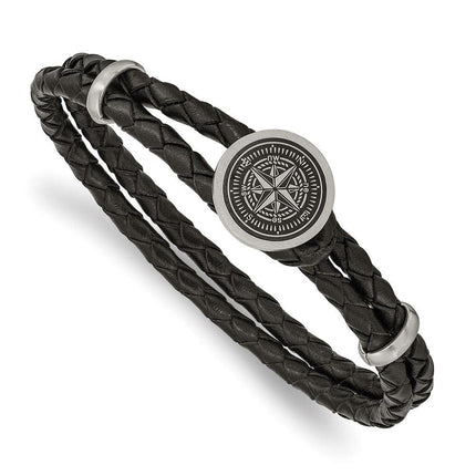 Stainless Steel Brushed Lasered Compass Black Leather 8.5in Bracelet ,