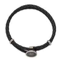 Stainless Steel Brushed Lasered Compass Black Leather 8.5in Bracelet ,