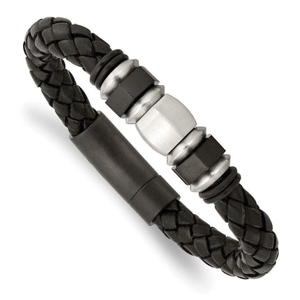 Stainless Steel Brushed Leather Black IP-plated & Rubber Bracelet ,
