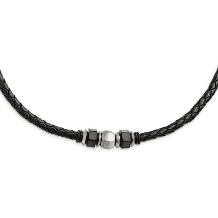 Stainless Steel Brushed Leather Black IP-plated & Rubber Necklace ,