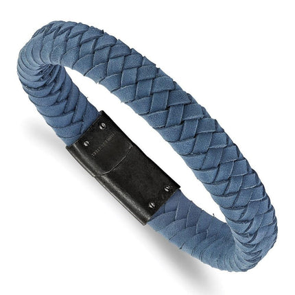 Stainless Steel Brushed Light Blue Leather Braided 8.25in Bracelet ,