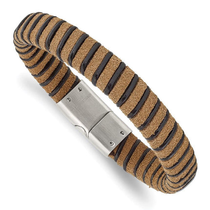 Stainless Steel Brushed Light Brown Suede Black Leather Bracelet ,