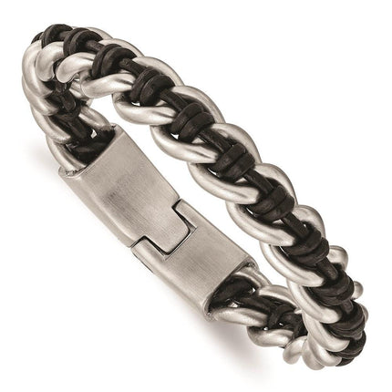 Stainless Steel Brushed Link Leather 8.5in Bracelet ,