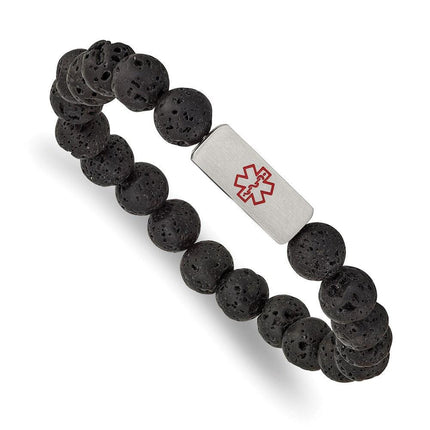Stainless Steel Brushed Medical ID Lava Stone Stretch Bracelet ,
