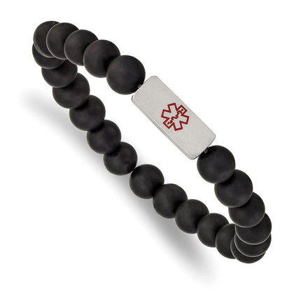 Stainless Steel Brushed Medical ID Plate Black Agate Bead Stretch Bracelet ,
