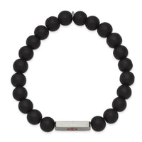Stainless Steel Brushed Medical ID Plate Black Agate Bead Stretch Bracelet ,