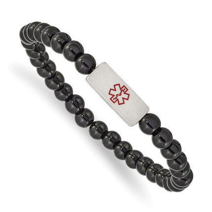 Stainless Steel Brushed Medical ID Plate Onyx Bead Stretch Bracelet ,