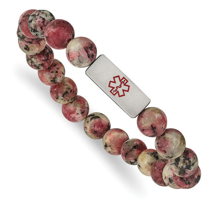 Stainless Steel Brushed Medical ID Rhodochrosite Bead Stretch Bracelet ,