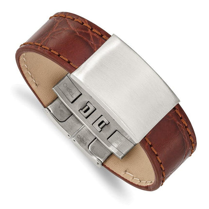 Stainless Steel Brushed Medium Brown Leather ID Bracelet ,