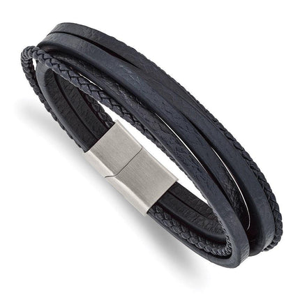 Stainless Steel Brushed Navy Blue Leather Multi Strand 8in Bracelet ,