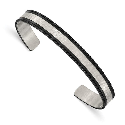 Stainless Steel Brushed Polished & Hammered Black IP Wire Edge Bangle ,