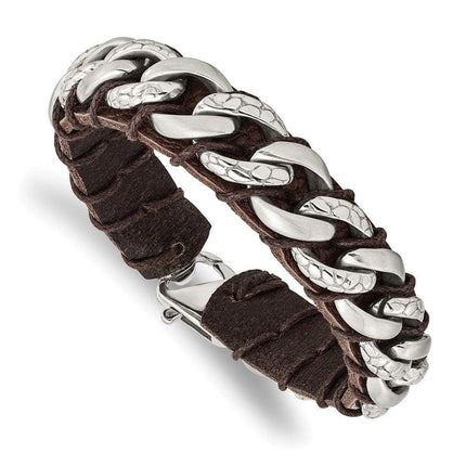 Stainless Steel Brushed Polished & Textured Brown Leather 8.5in Bracelet ,