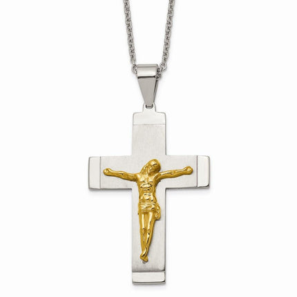 Stainless Steel Brushed, Polished Yellow IP-plated Crucifix Necklace ,
