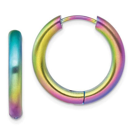 Stainless Steel Brushed Rainbow IP-plated 3.5mm Hinged Hoop Earrings ,