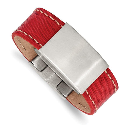 Stainless Steel Brushed Red Leather 8in ID Bracelet ,