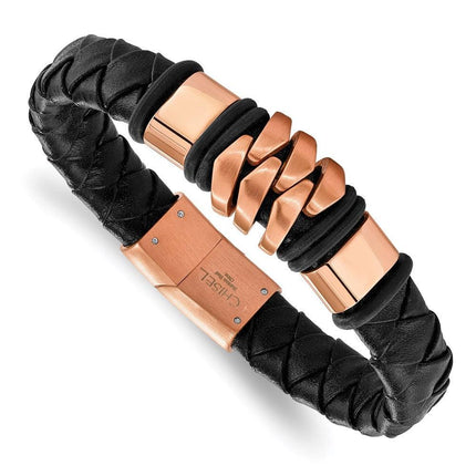 Stainless Steel Brushed Rose IP-plated Black Leather Bracelet ,