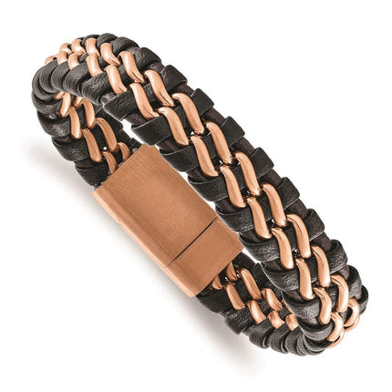 Stainless Steel Brushed Rose IP-plated Brown Leather Bracelet ,