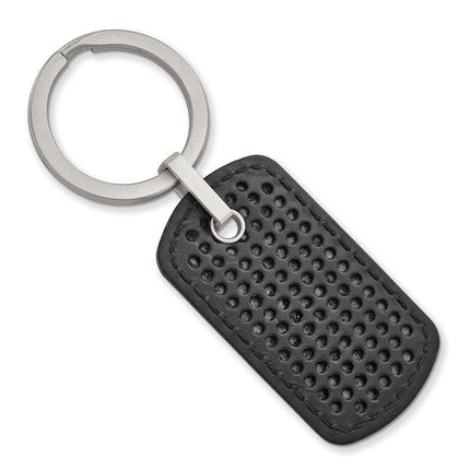 Stainless Steel Brushed Textured Black Leather Stitched Key Ring ,