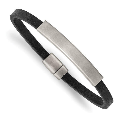 Stainless Steel Brushed Textured Black PU Leather 8.25in ID Bracelet ,