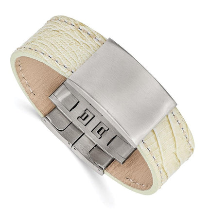 Stainless Steel Brushed White Leather ID Bracelet ,