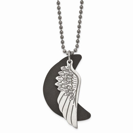 Stainless Steel Brushed Wing with Leather Moon Necklace ,