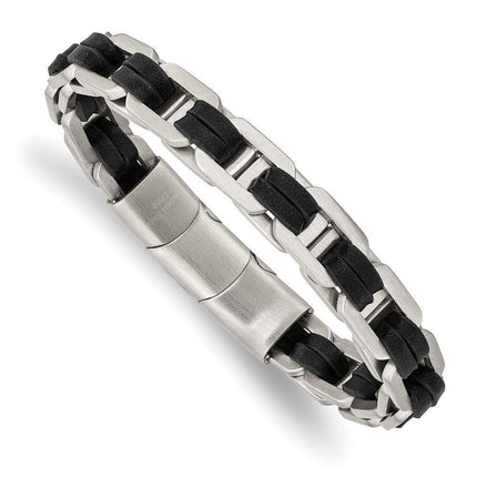 Stainless Steel Brushed with Black PU Leather w/.5in ext 7.75in Link Bracel ,