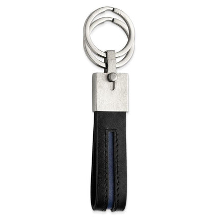 Stainless Steel Brushed with Removable Ring Blue/Black Leather Key Ring ,