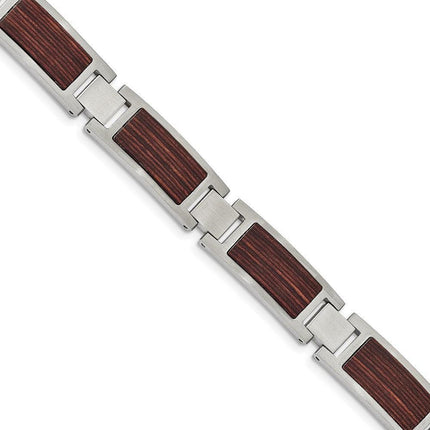 Stainless Steel Brushed with Wood Inlay 8.75in Link Bracelet ,