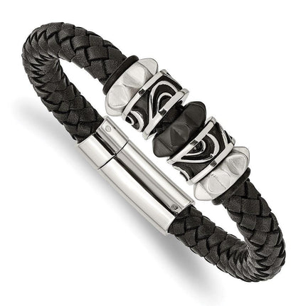 Stainless Steel Brushed/Polished Antiqued Blk IP Blk Leather Bracelet ,