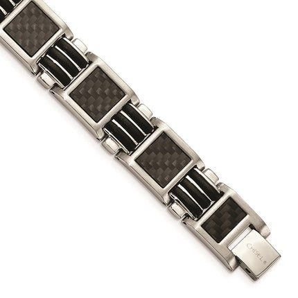 Stainless Steel Brushed/Polished Black Carbon Fiber Inlay/Rubber 9in Bracel ,